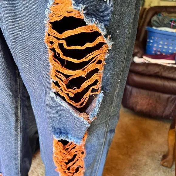 High Rise Jeans for Women Trendy 90s Denim Straight Leg Jeans orange thread rips - Picture 11 of 16